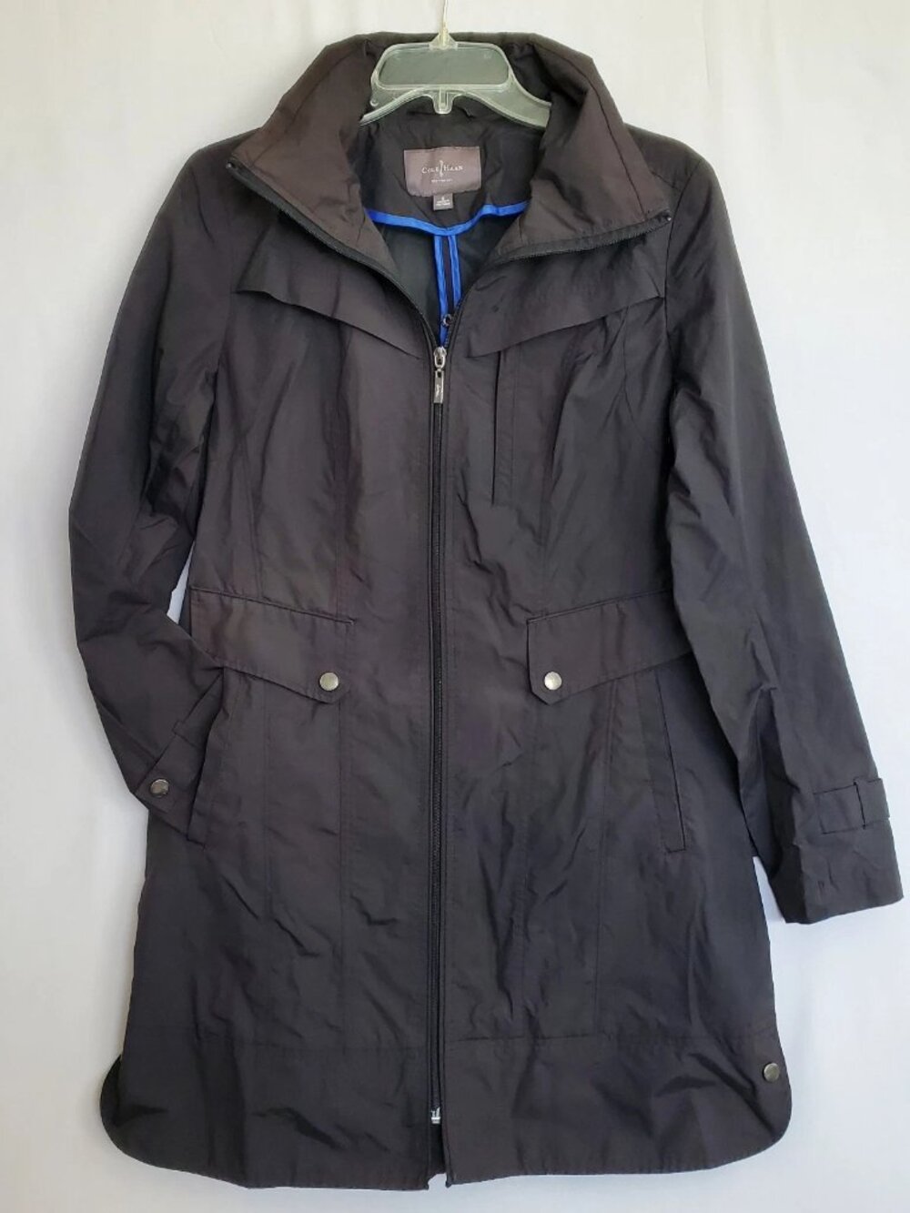 Cole Haan NYC Women's Small Rain Jacket Collar Hood Packable Matte Black Weather